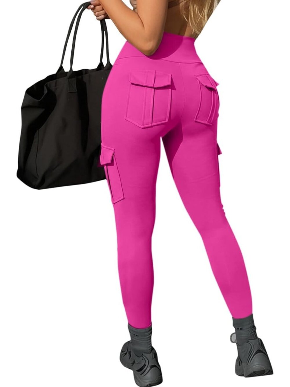 Women's Pink High Waisted Tummy Control Running Workout Leggings with Pocket